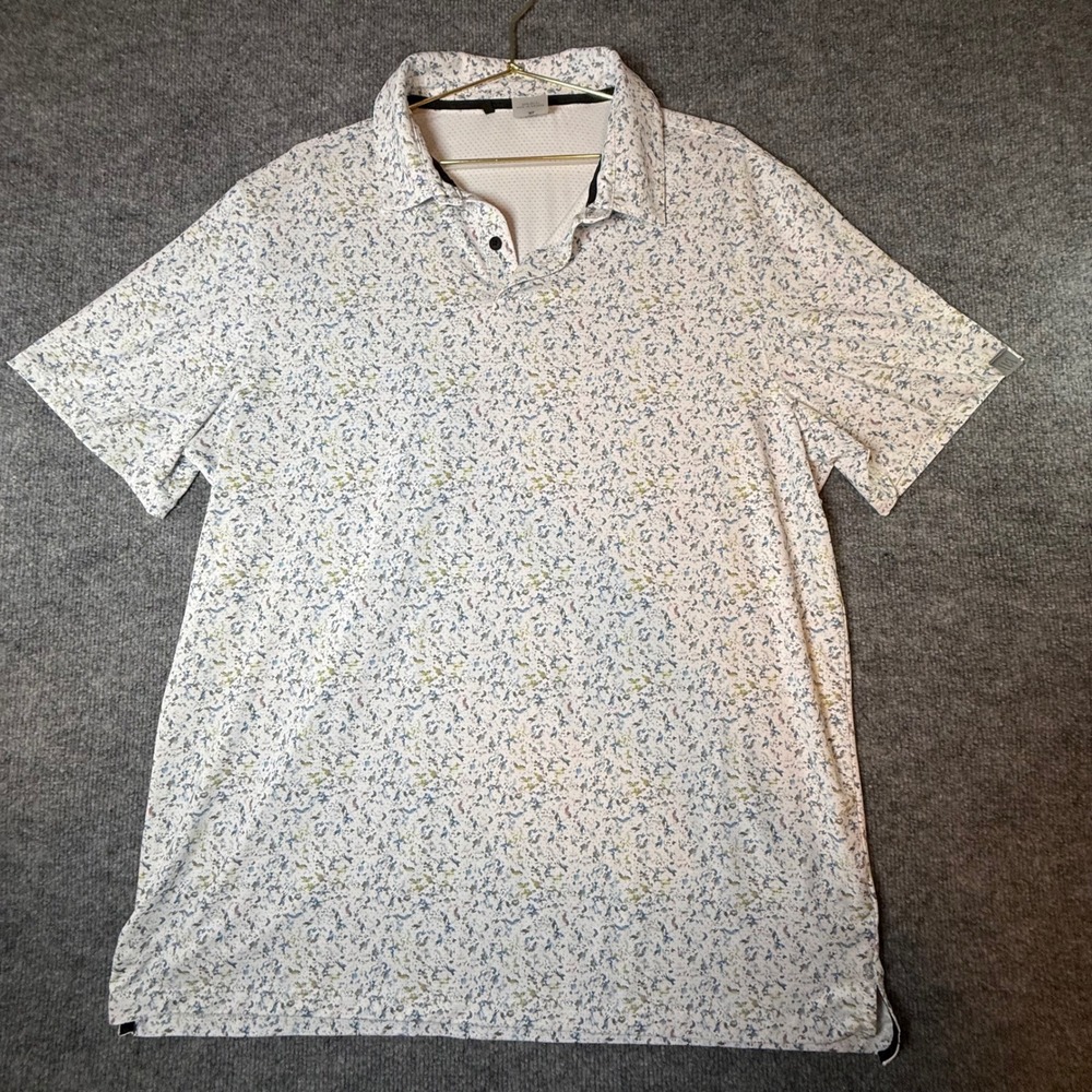 VRST Mens Performance Polo Shirt XL White Abstract Splatter Print Stretch Golf